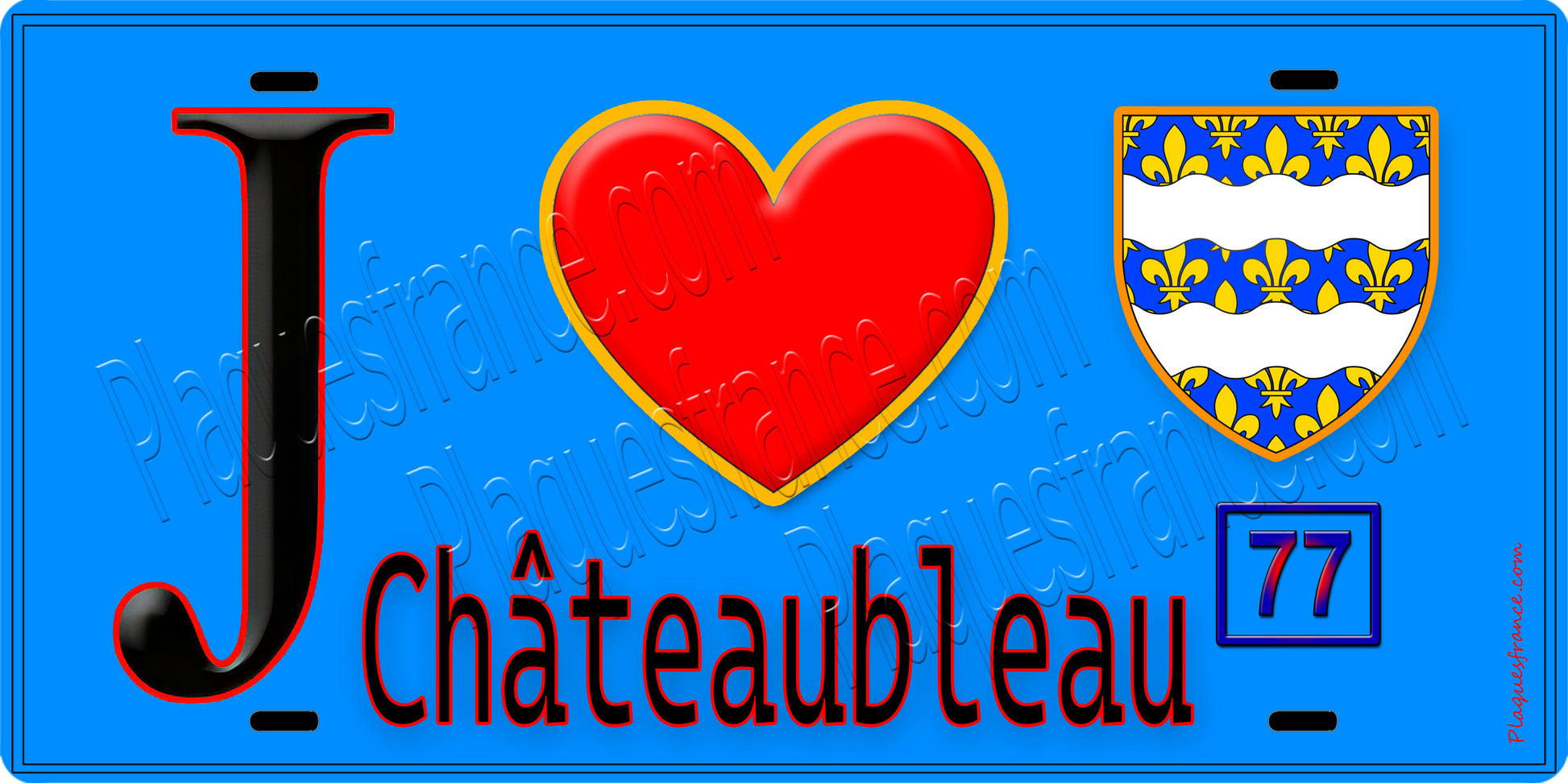 Plaque métal décorative  J' ❤️Châteaubleau, Seine et Marne (77) fond bleu