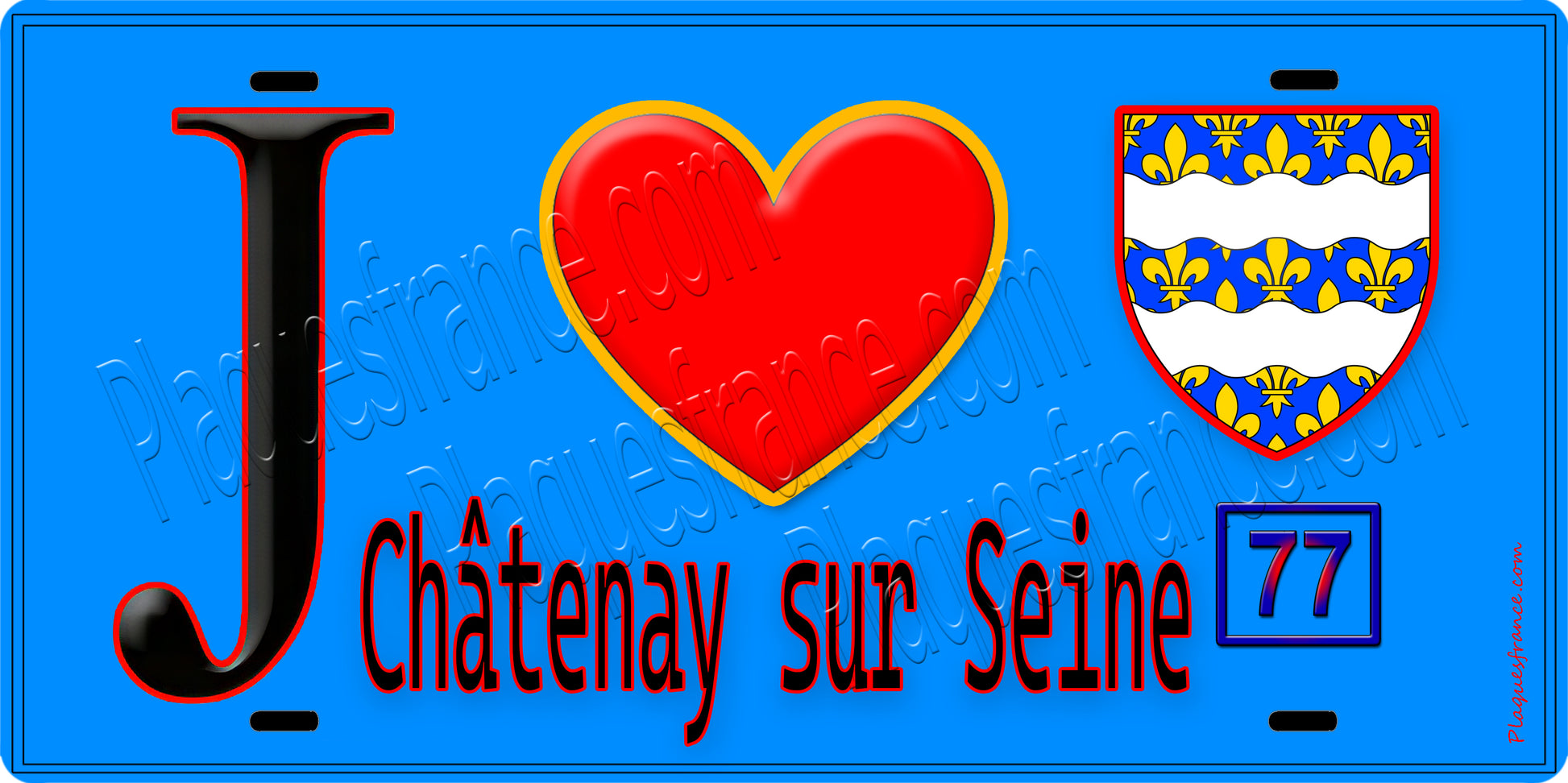Plaque métal décorative  J' ❤️Châtenay-sur-Seine, Seine et Marne (77) fond bleu