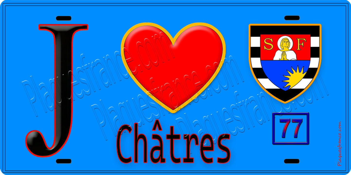 Plaque métal décorative  J' ❤️Châtres, Seine et Marne (77) fond bleu