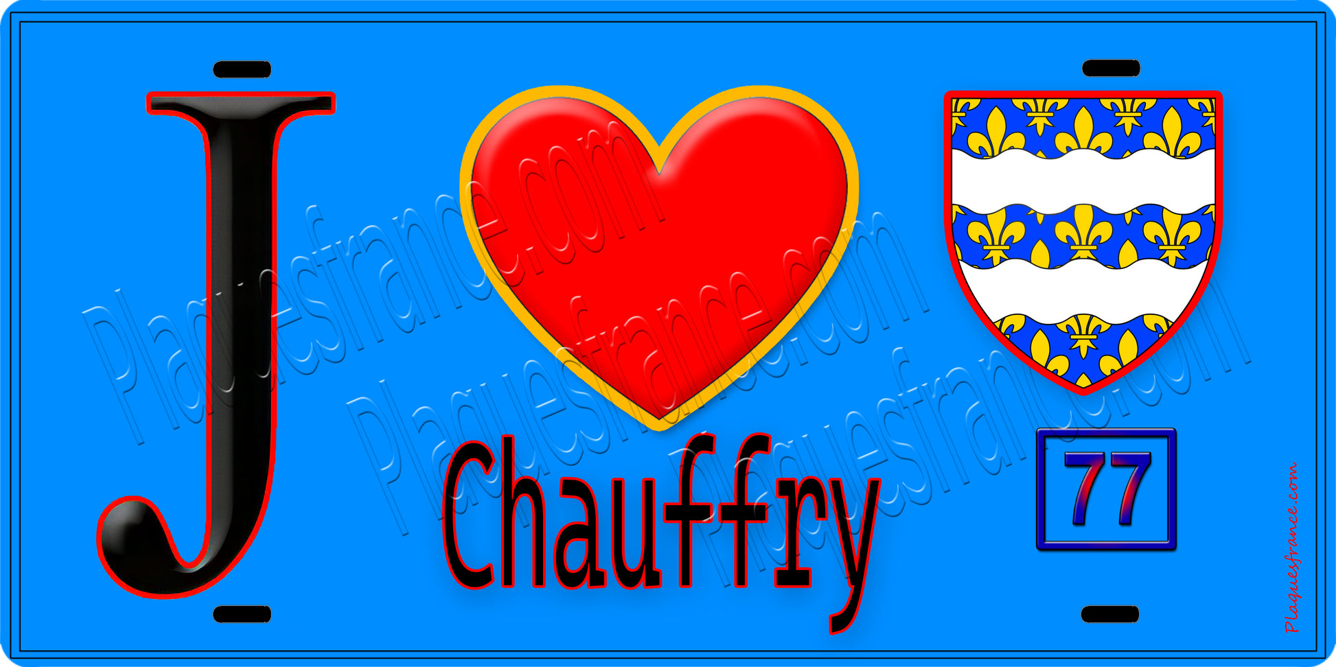 Plaque métal décorative  J' ❤️Chauffry, Seine et Marne (77) fond bleu