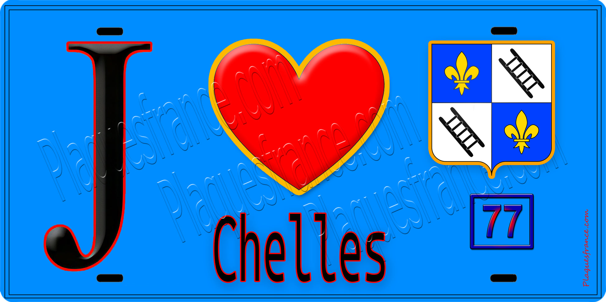 Plaque métal décorative  J' ❤️Chelles, Seine et Marne (77) fond bleu