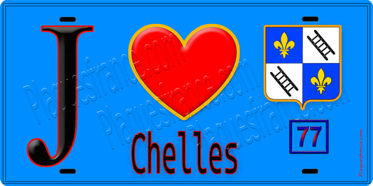Plaque métal décorative  J' ❤️Chelles, Seine et Marne (77) fond bleu