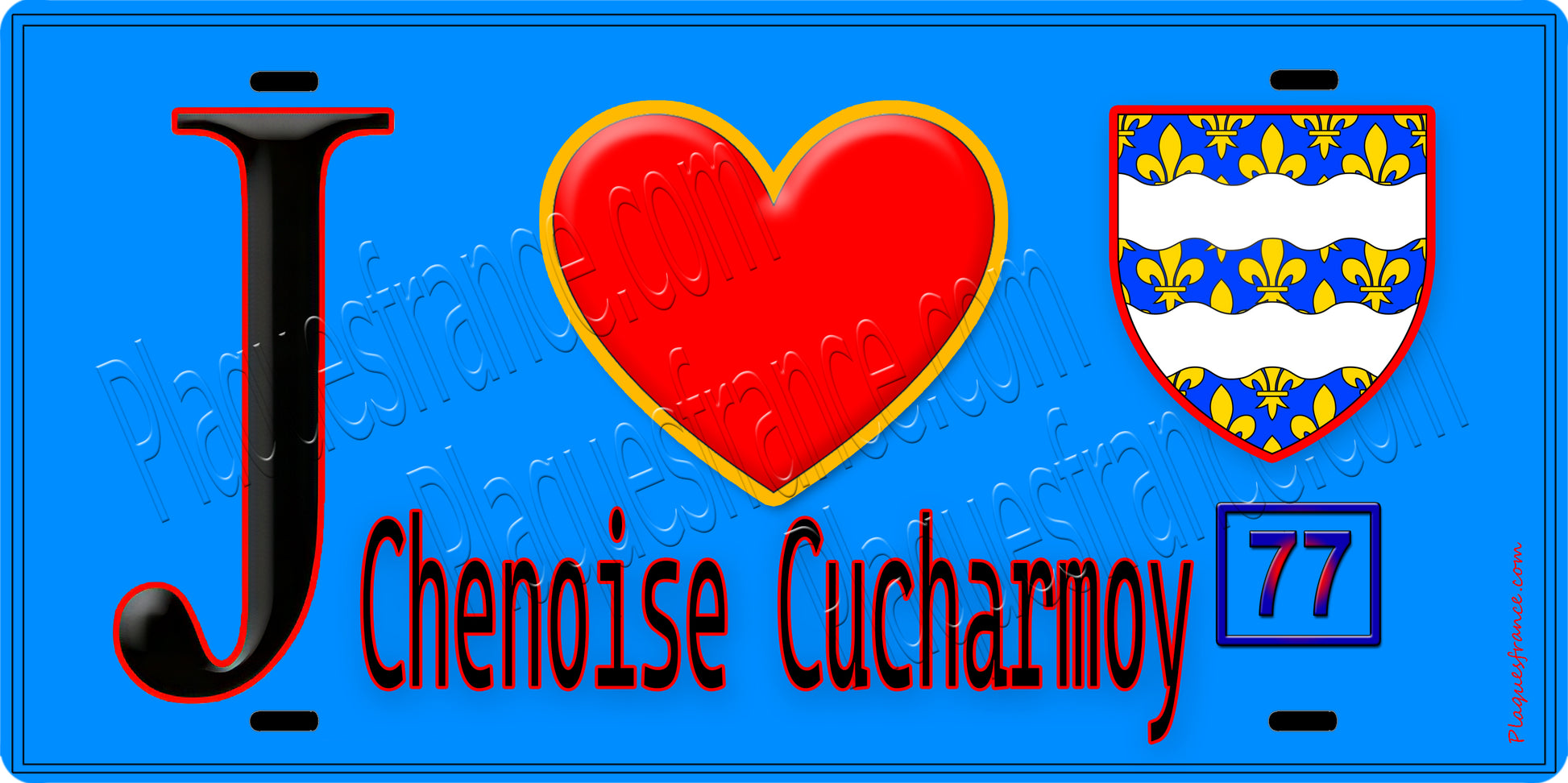Plaque métal décorative  J' ❤️Chenoise-Cucharmoy, Seine et Marne (77) fond bleu