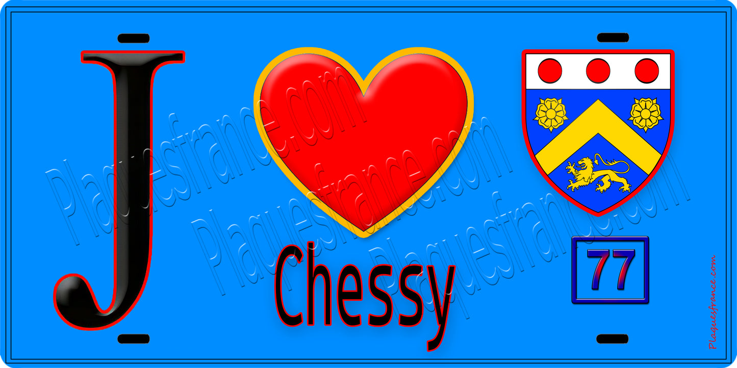 Plaque métal décorative  J' ❤️Chessy, Seine et Marne (77) fond bleu