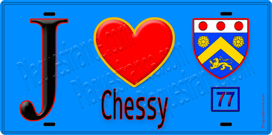 Plaque métal décorative  J' ❤️Chessy, Seine et Marne (77) fond bleu