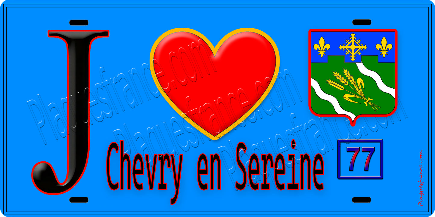 Plaque métal décorative  J' ❤️Chevry-en-Sereine, Seine et Marne (77) fond bleu