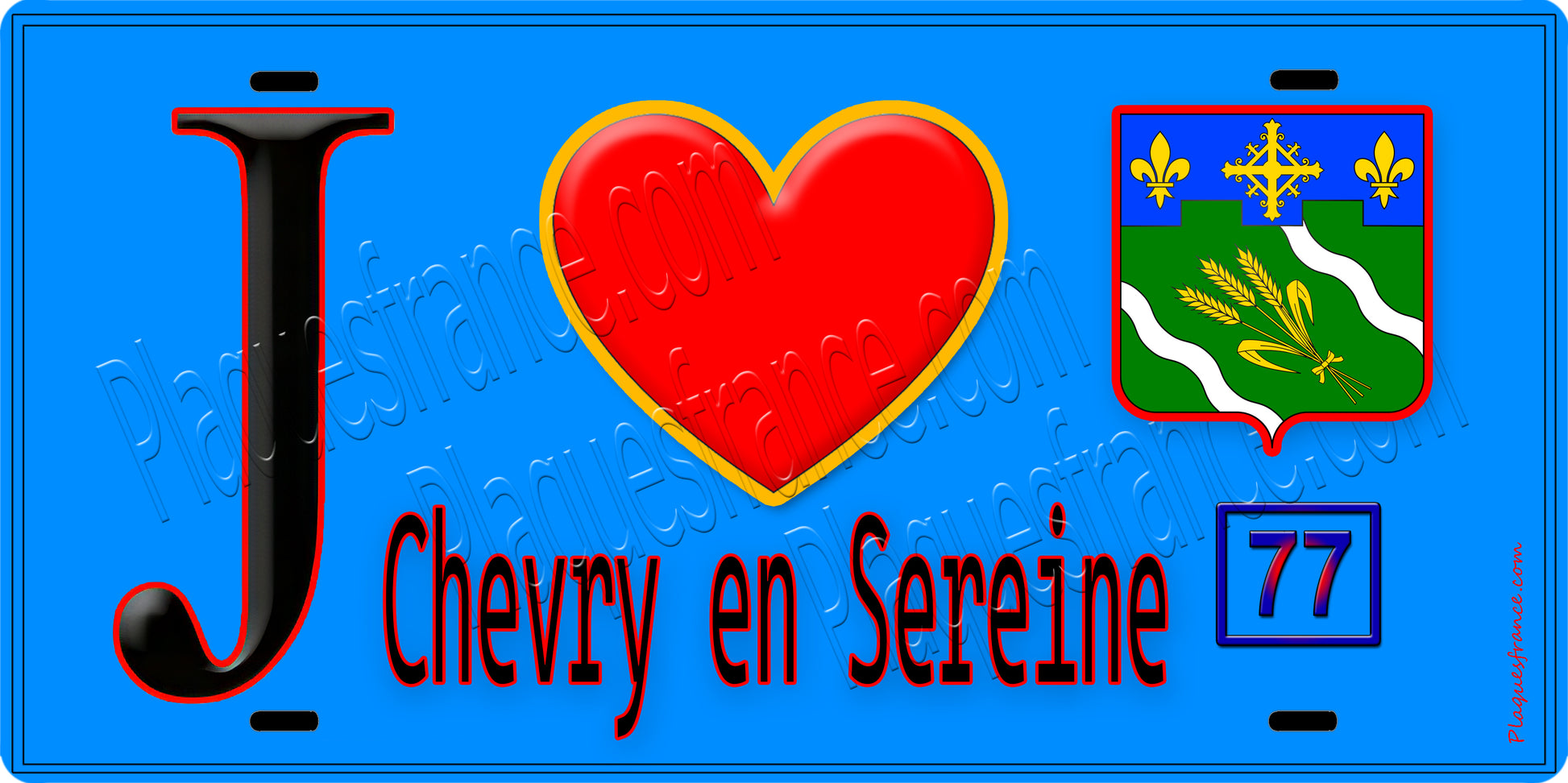 Plaque métal décorative  J' ❤️Chevry-en-Sereine, Seine et Marne (77) fond bleu