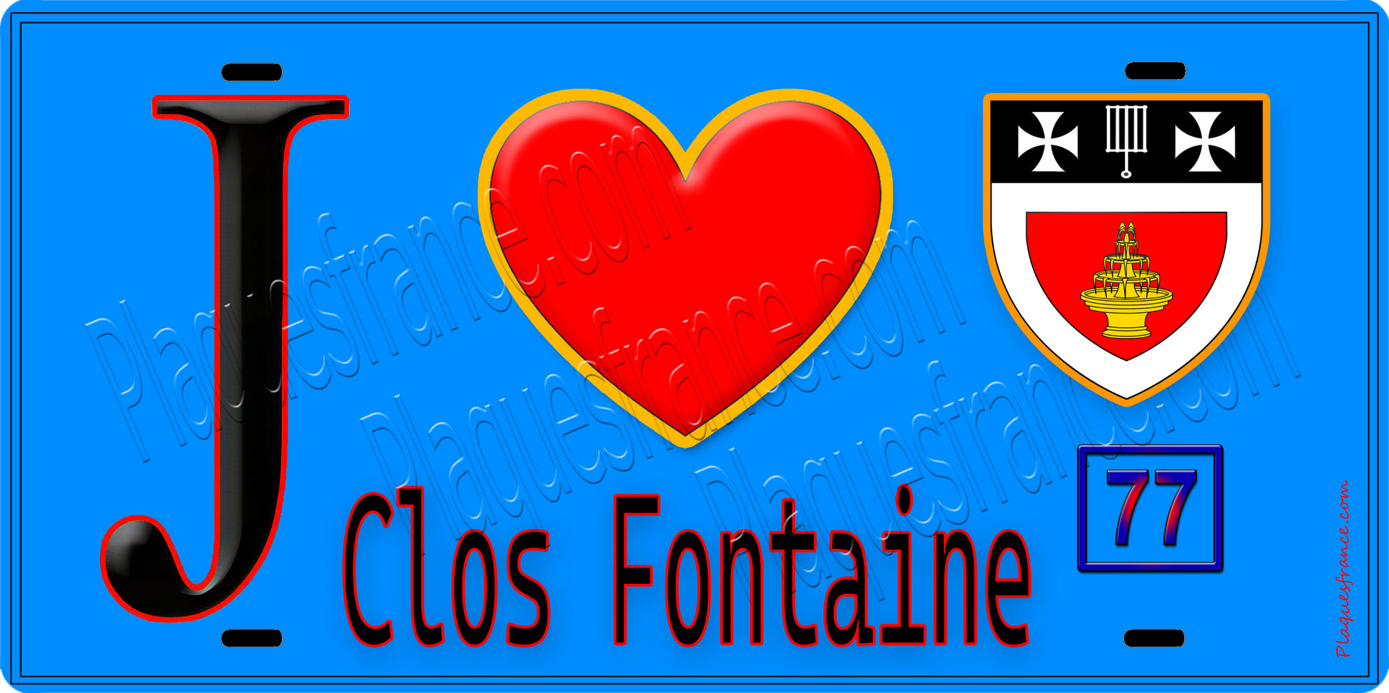 Plaque métal décorative  J' ❤️Clos-Fontaine, Seine et Marne (77) fond bleu