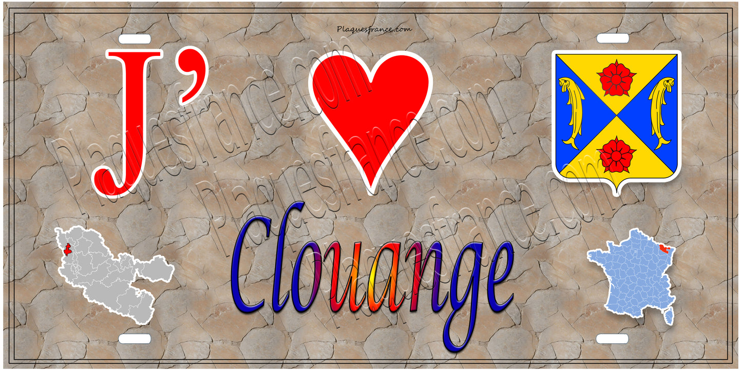 Plaque métal décorative 15 x 30 cm fond  mur antique carte J' ❤️Clouange , canton d'Hayange 57