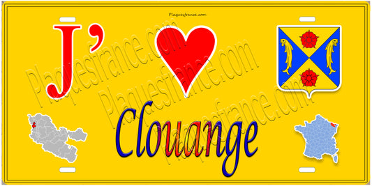 Plaque métal décorative 15 x 30 cm fond  mur jaune carte J' ❤️Clouange , canton d'Hayange 57