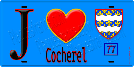 Plaque métal décorative  J' ❤️Cocherel, Seine et Marne (77) fond bleu