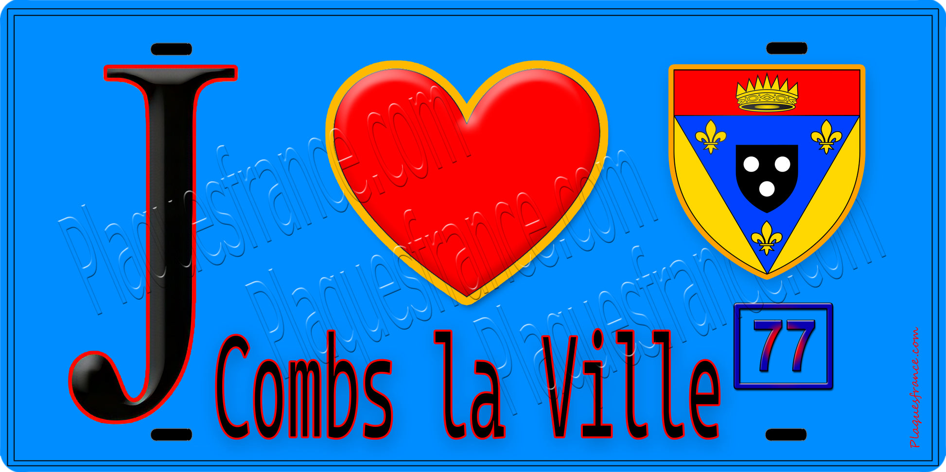 Plaque métal décorative  J' ❤️Combs-la-Ville, Seine et Marne (77) fond bleu