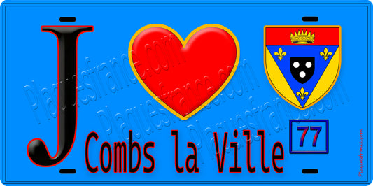 Plaque métal décorative  J' ❤️Combs-la-Ville, Seine et Marne (77) fond bleu