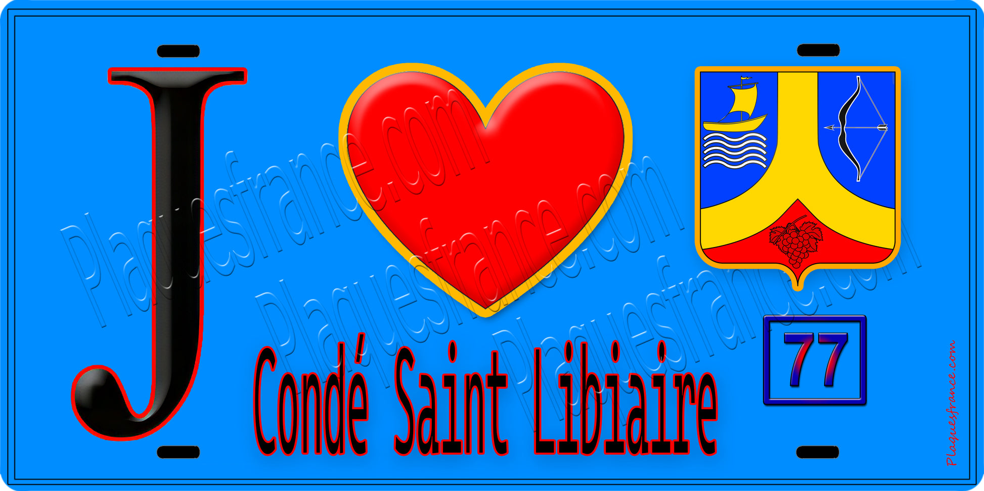 Plaque métal décorative  J' ❤️Condé-Sainte-Libiaire, Seine et Marne (77) fond bleu