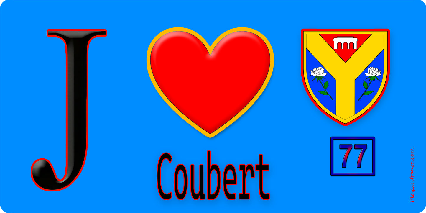 Plaque métal décorative  J' ❤️Coubert, Seine et Marne (77) fond bleu