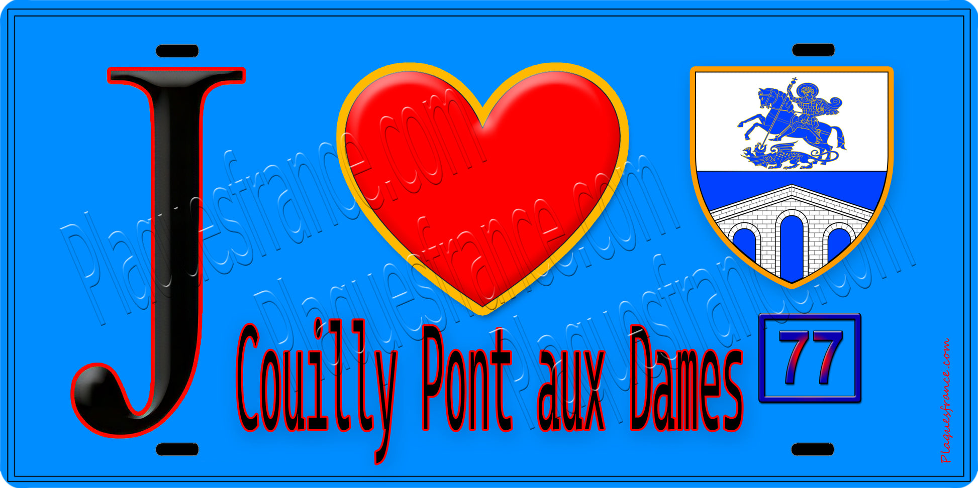 Plaque métal décorative  J' ❤️Couilly-Pont-aux-Dames, Seine et Marne (77) fond bleu
