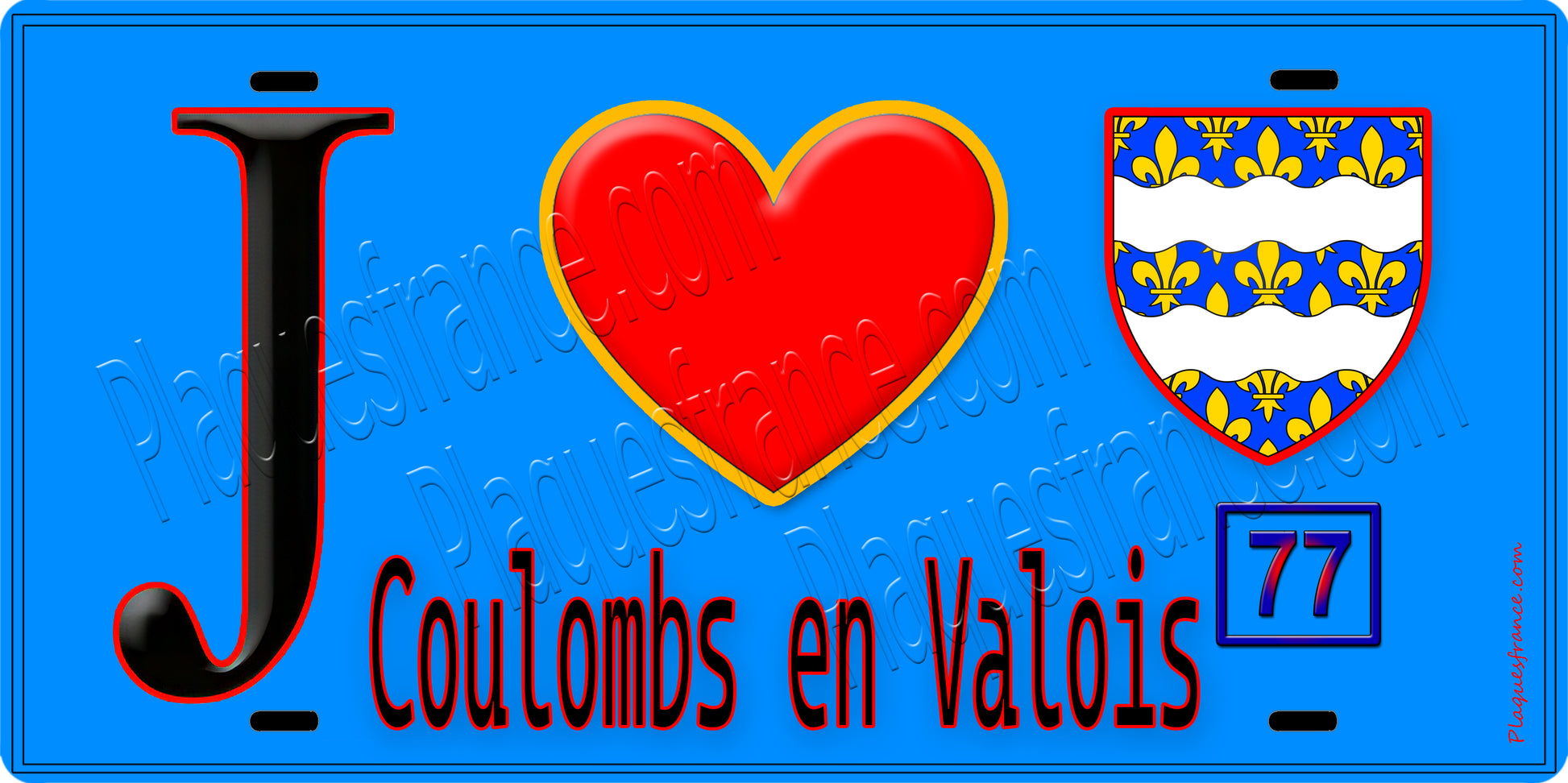 Plaque métal décorative  J' ❤️Coulombs-en-Valois, Seine et Marne (77) fond bleu