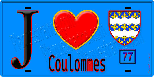 Plaque métal décorative  J' ❤️Coulommes, Seine et Marne (77) fond bleu