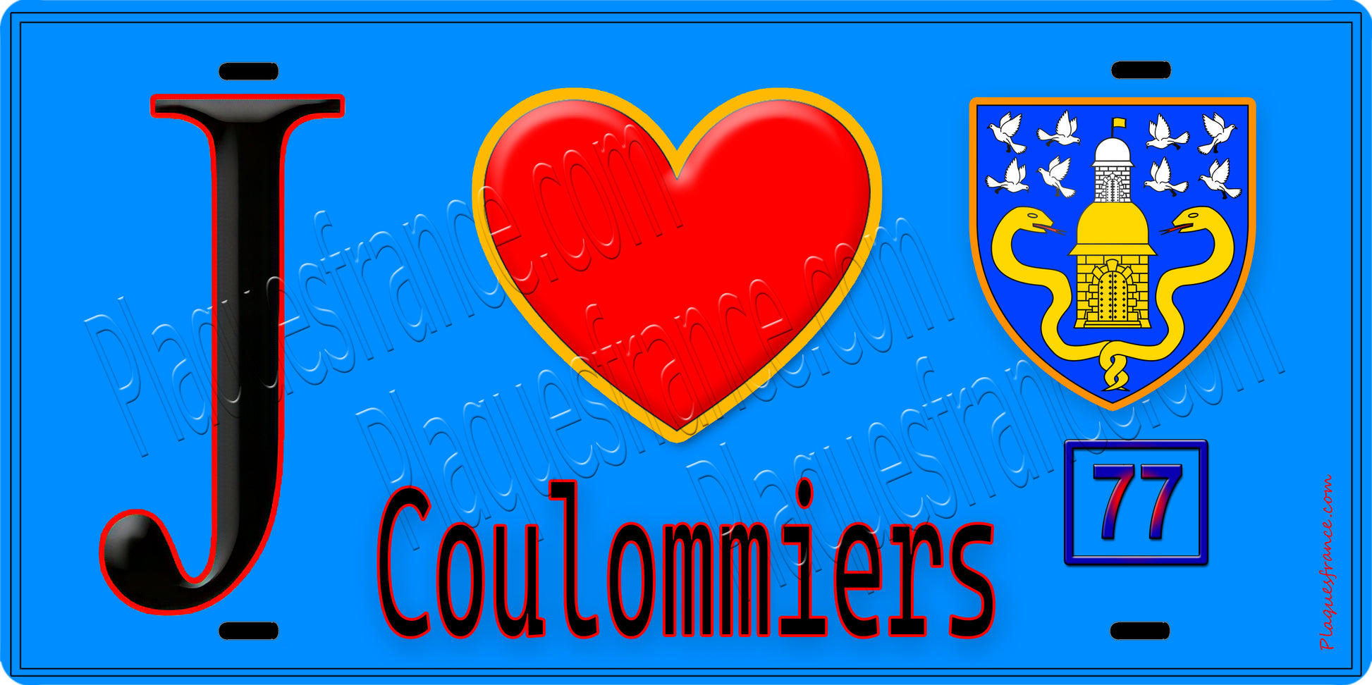 Plaque métal décorative  J' ❤️Coulommiers, Seine et Marne (77) fond bleu