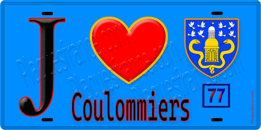 Plaque métal décorative  J' ❤️Coulommiers, Seine et Marne (77) fond bleu