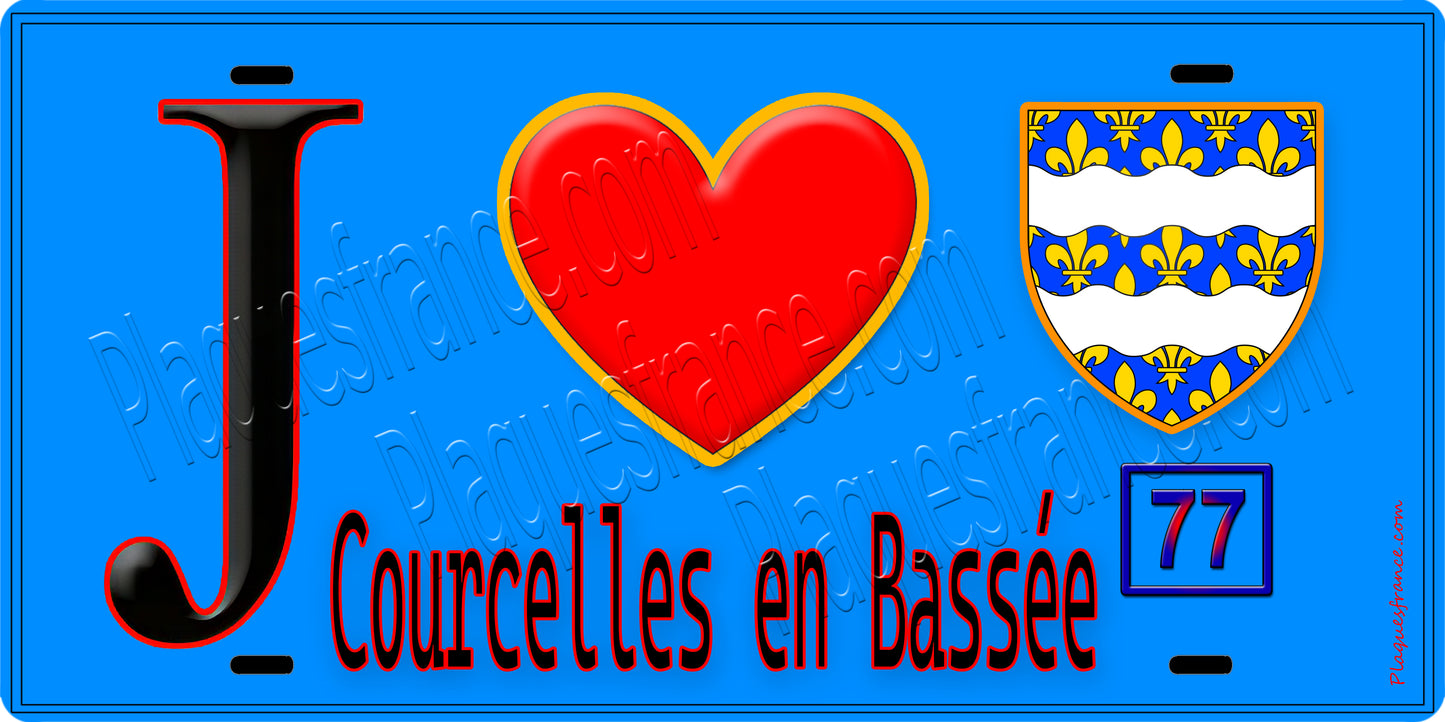 Plaque métal décorative  J' ❤️Courcelles-en-Bassée, Seine et Marne (77) fond bleu