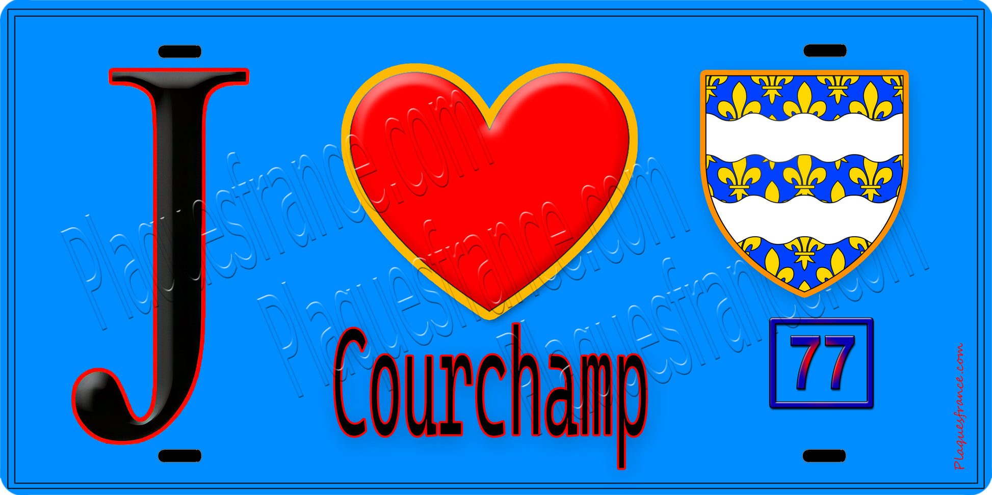 Plaque métal décorative  J' ❤️Courchamp, Seine et Marne (77) fond bleu