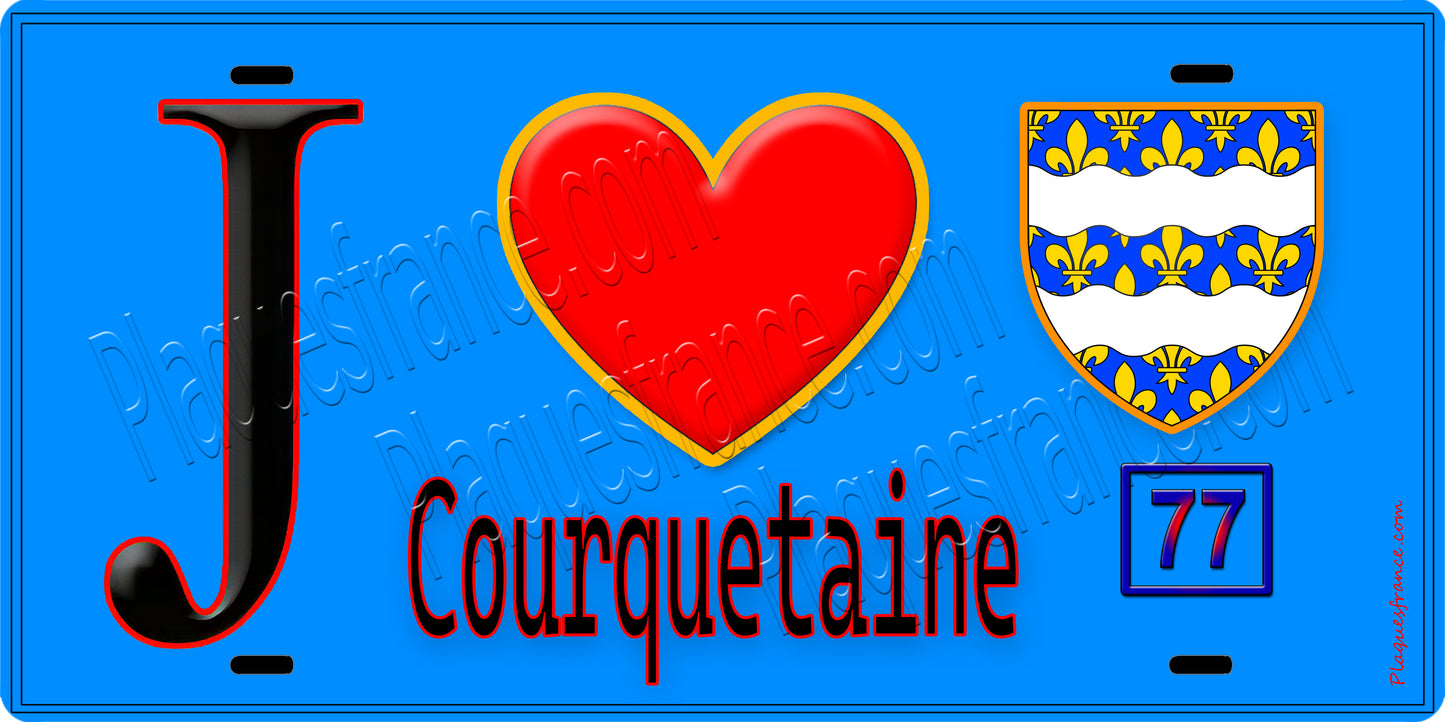 Plaque métal décorative  J' ❤️Courquetaine, Seine et Marne (77) fond bleu
