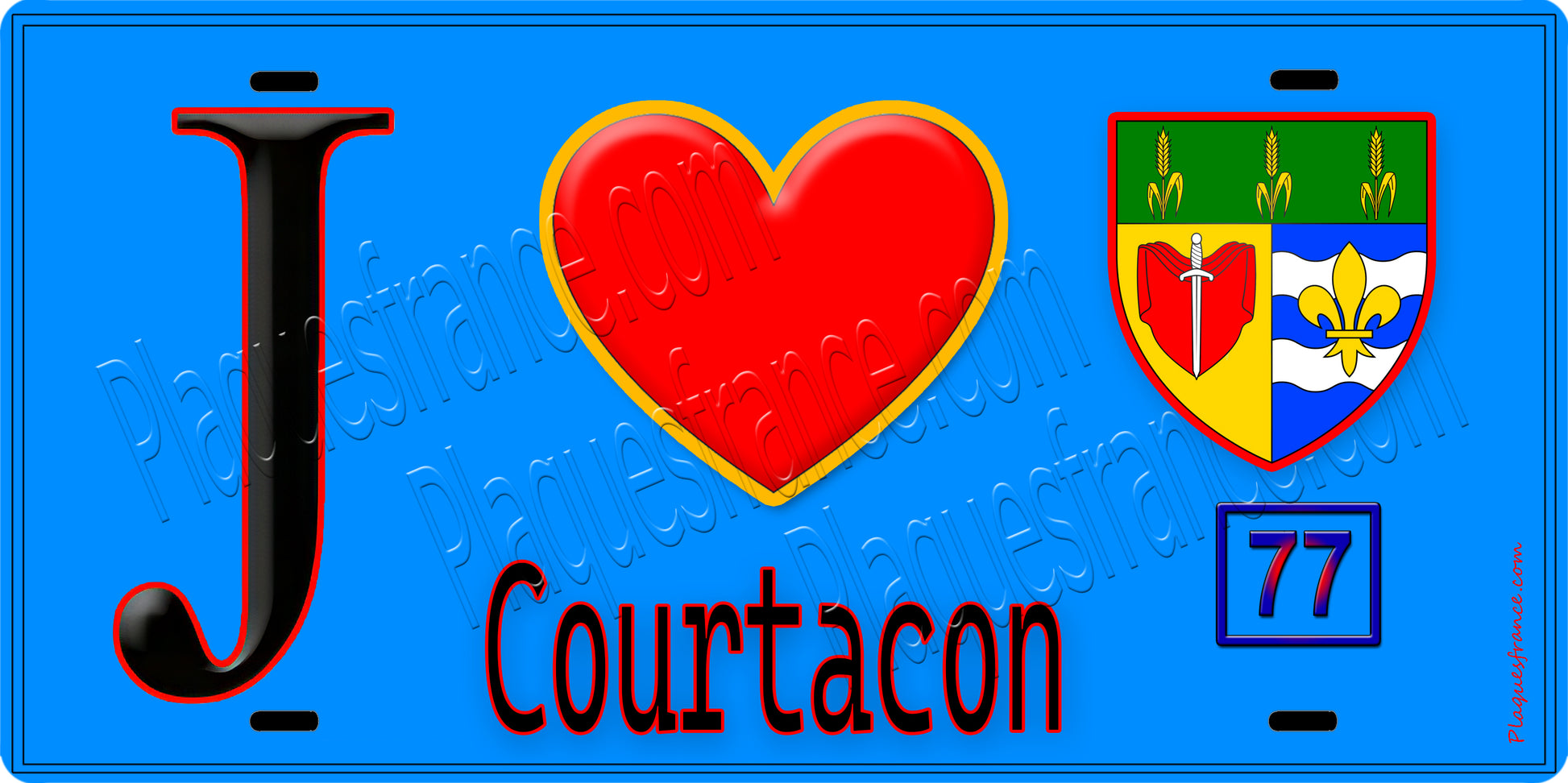 Plaque métal décorative  J' ❤️Courtacon, Seine et Marne (77) fond bleu