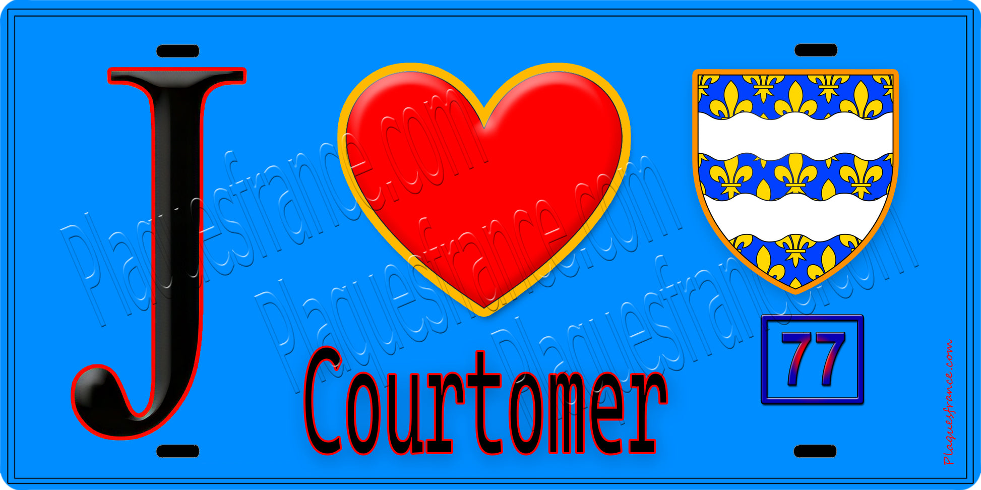 Plaque métal décorative  J' ❤️Courtomer, Seine et Marne (77) fond bleu