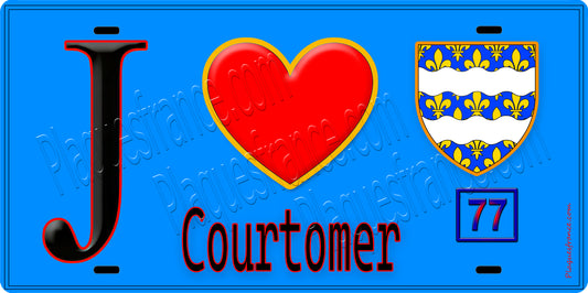 Plaque métal décorative  J' ❤️Courtomer, Seine et Marne (77) fond bleu