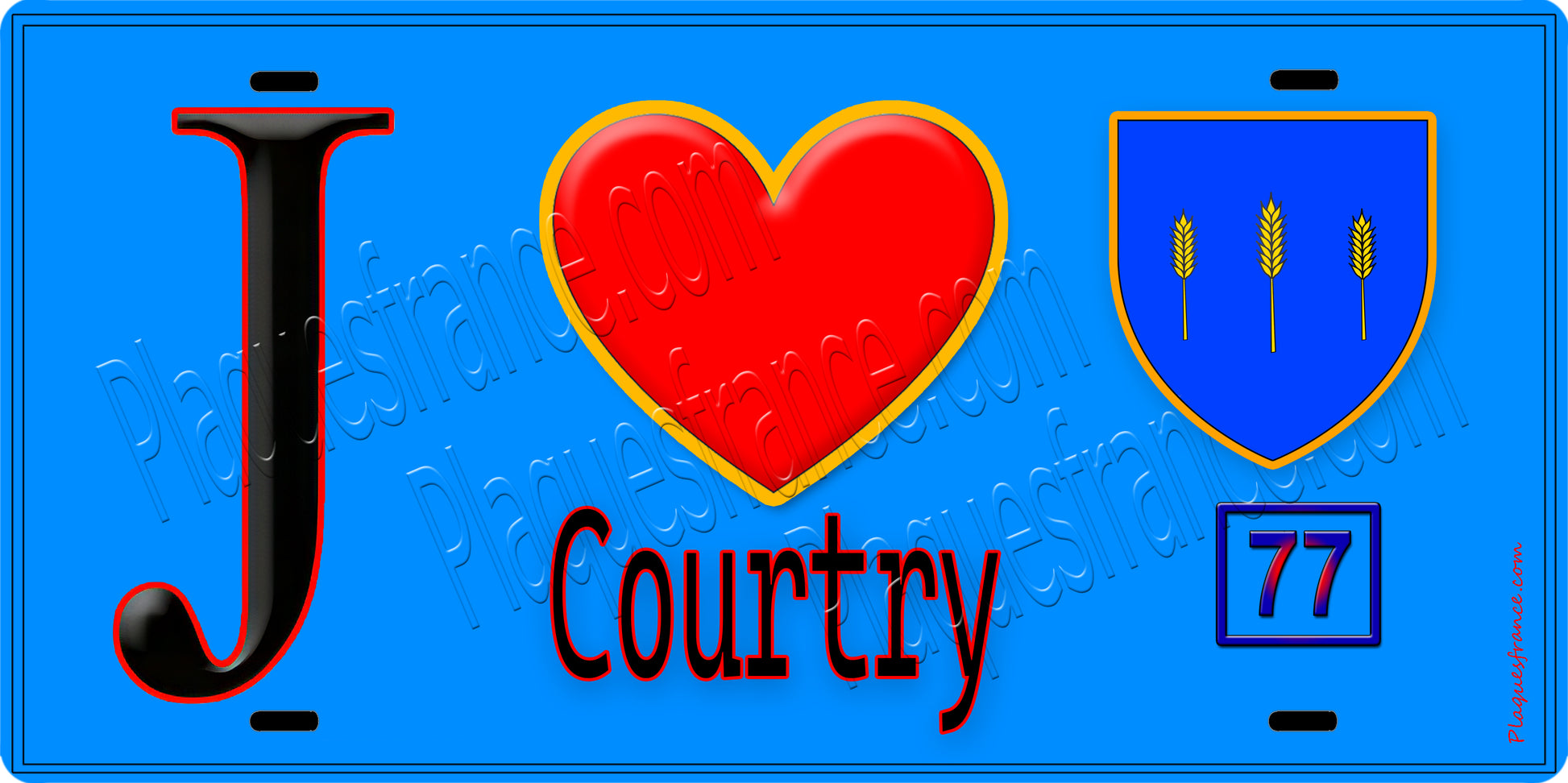 Plaque métal décorative  J' ❤️Courtry, Seine et Marne (77) fond bleu