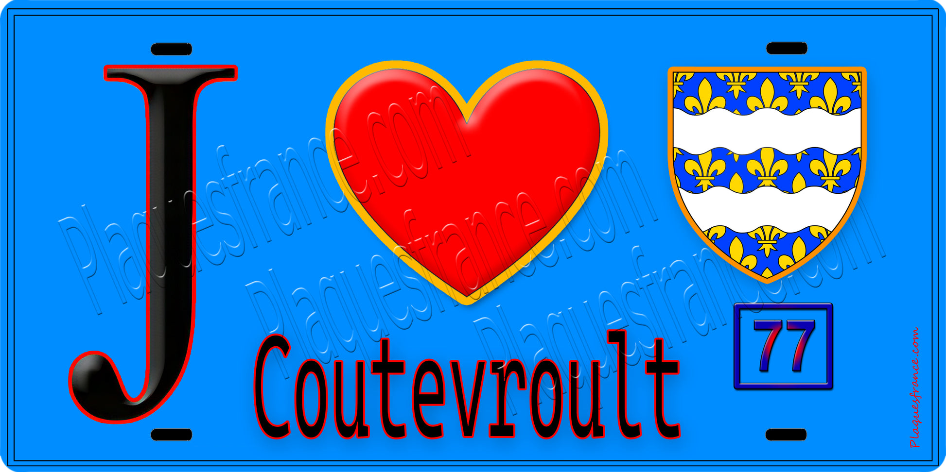 Plaque métal décorative  J' ❤️Coutevroult, Seine et Marne (77) fond bleu