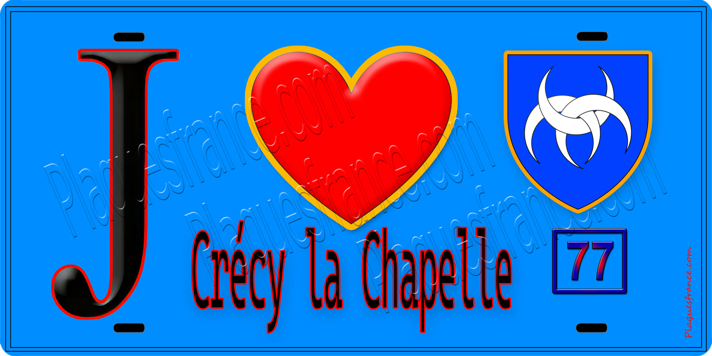 Plaque métal décorative  J' ❤️Crécy-la-Chapelle, Seine et Marne (77) fond bleu