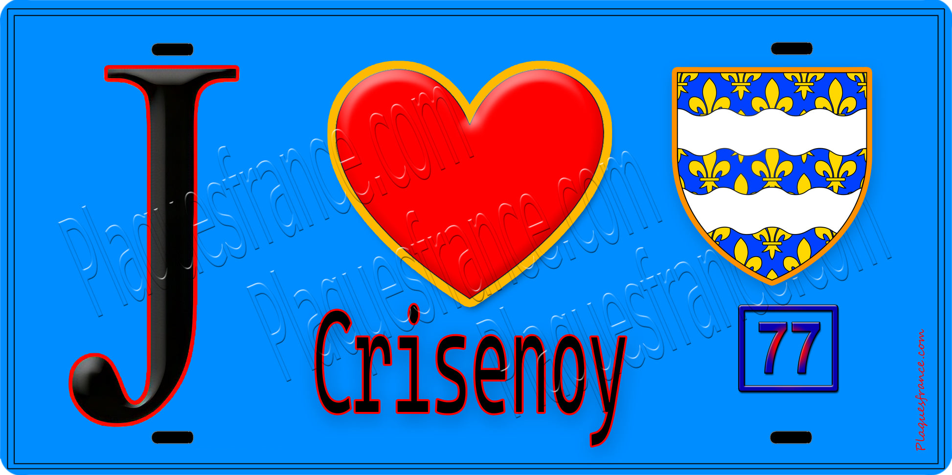 Plaque métal décorative  J' ❤️Crisenoy, Seine et Marne (77) fond bleu