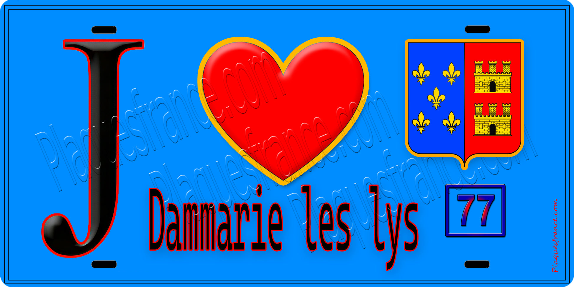 Plaque métal décorative  J' ❤️Dammarie-les-Lys, Seine et Marne (77) fond bleu