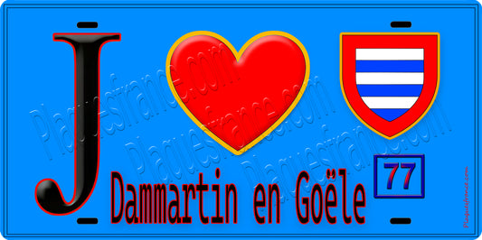 Plaque métal décorative  J' ❤️Dammartin-en-Goële, Seine et Marne (77) fond bleu
