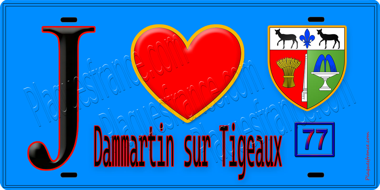 Plaque métal décorative  J' ❤️Dammartin-sur-Tigeaux, Seine et Marne (77) fond bleu