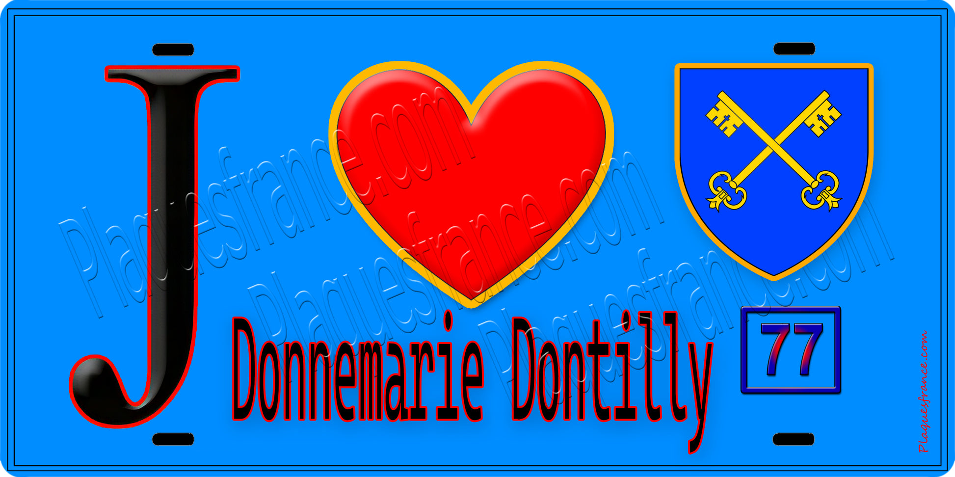 Plaque métal décorative  J' ❤️Donnemarie-Dontilly, Seine et Marne (77) fond bleu