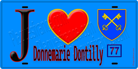 Plaque métal décorative  J' ❤️Donnemarie-Dontilly, Seine et Marne (77) fond bleu