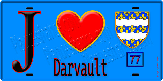 Plaque métal décorative  J' ❤️Darvault, Seine et Marne (77) fond bleu