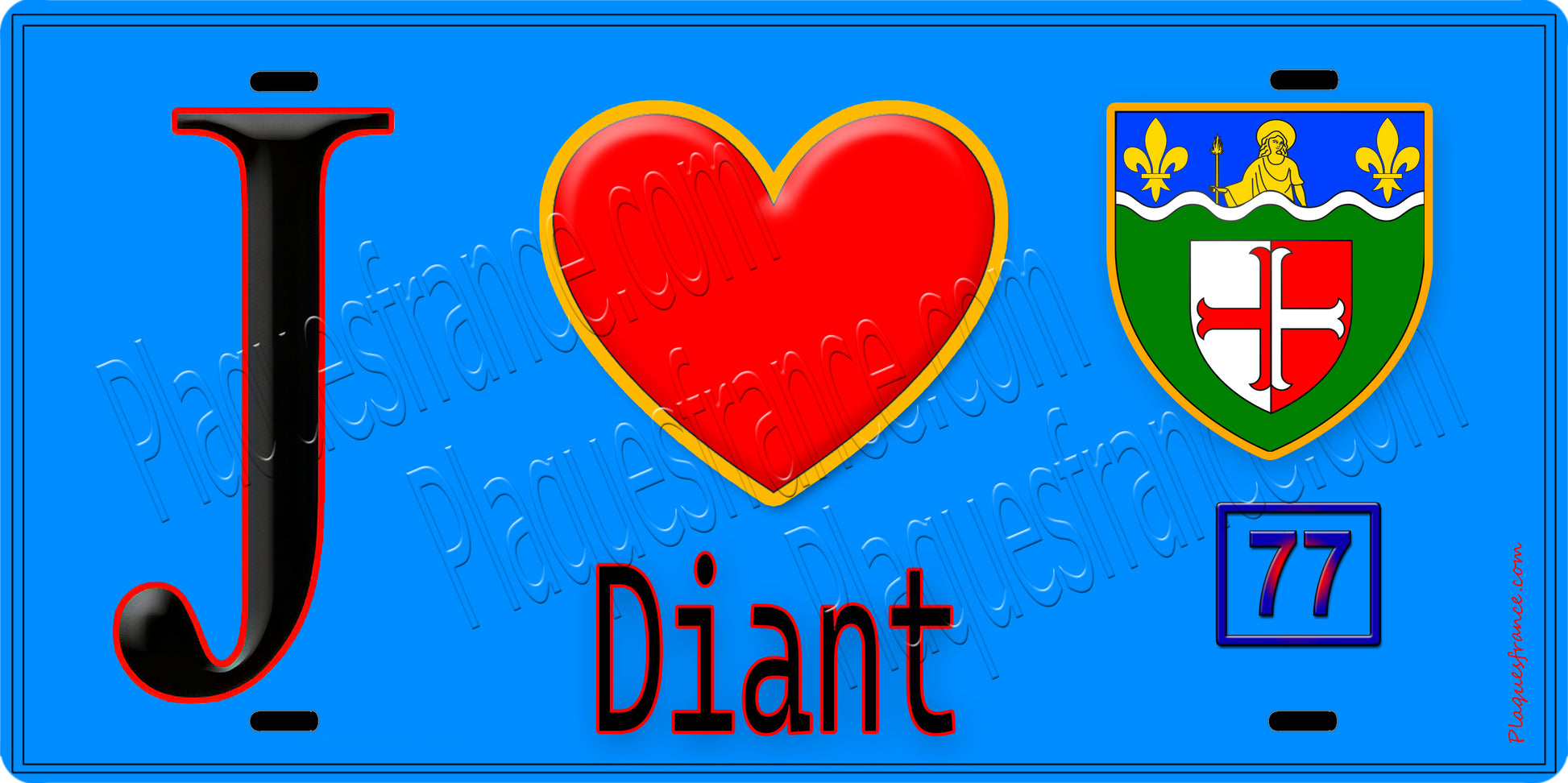 Plaque métal décorative  J' ❤️Diant, Seine et Marne (77) fond bleu