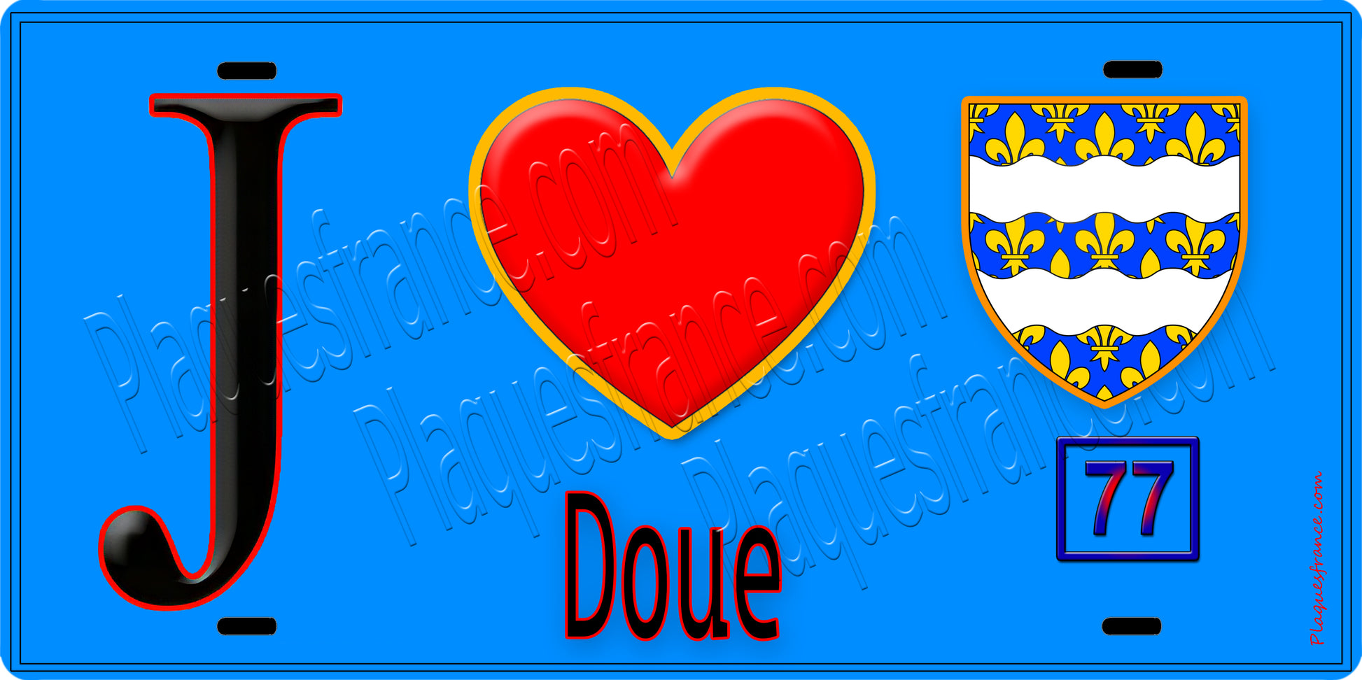 Plaque métal décorative  J' ❤️Doue, Seine et Marne (77) fond bleu