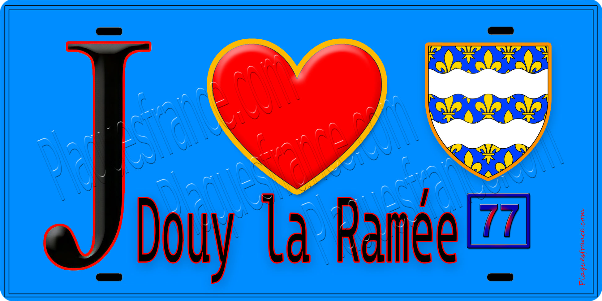 Plaque métal décorative  J' ❤️Douy-la-Ramée, Seine et Marne (77) fond bleu
