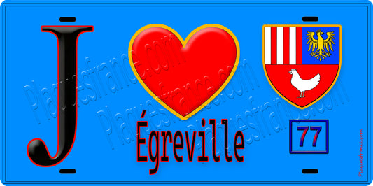 Plaque métal décorative  J' ❤️Égreville, Seine et Marne (77) fond bleu