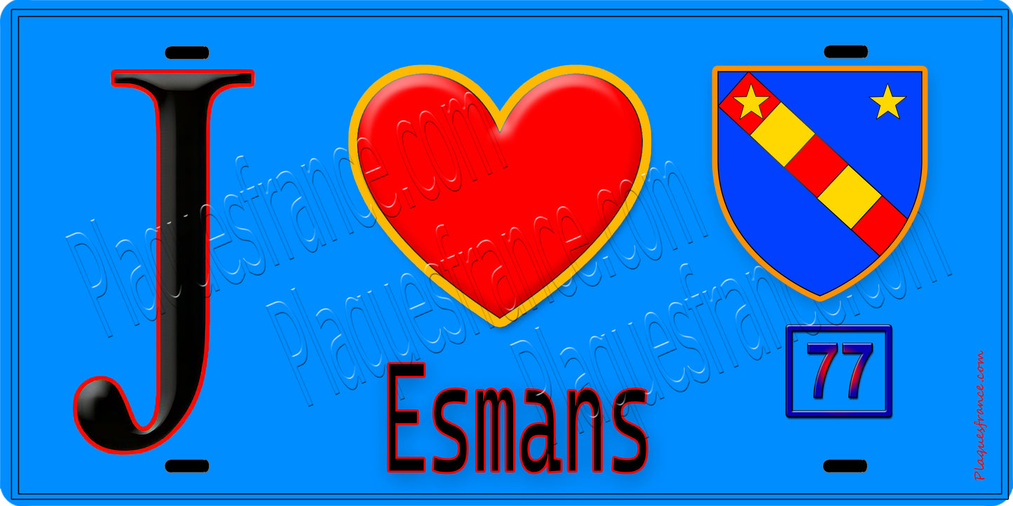 Plaque métal décorative  J' ❤️Esmans, Seine et Marne (77) fond bleu