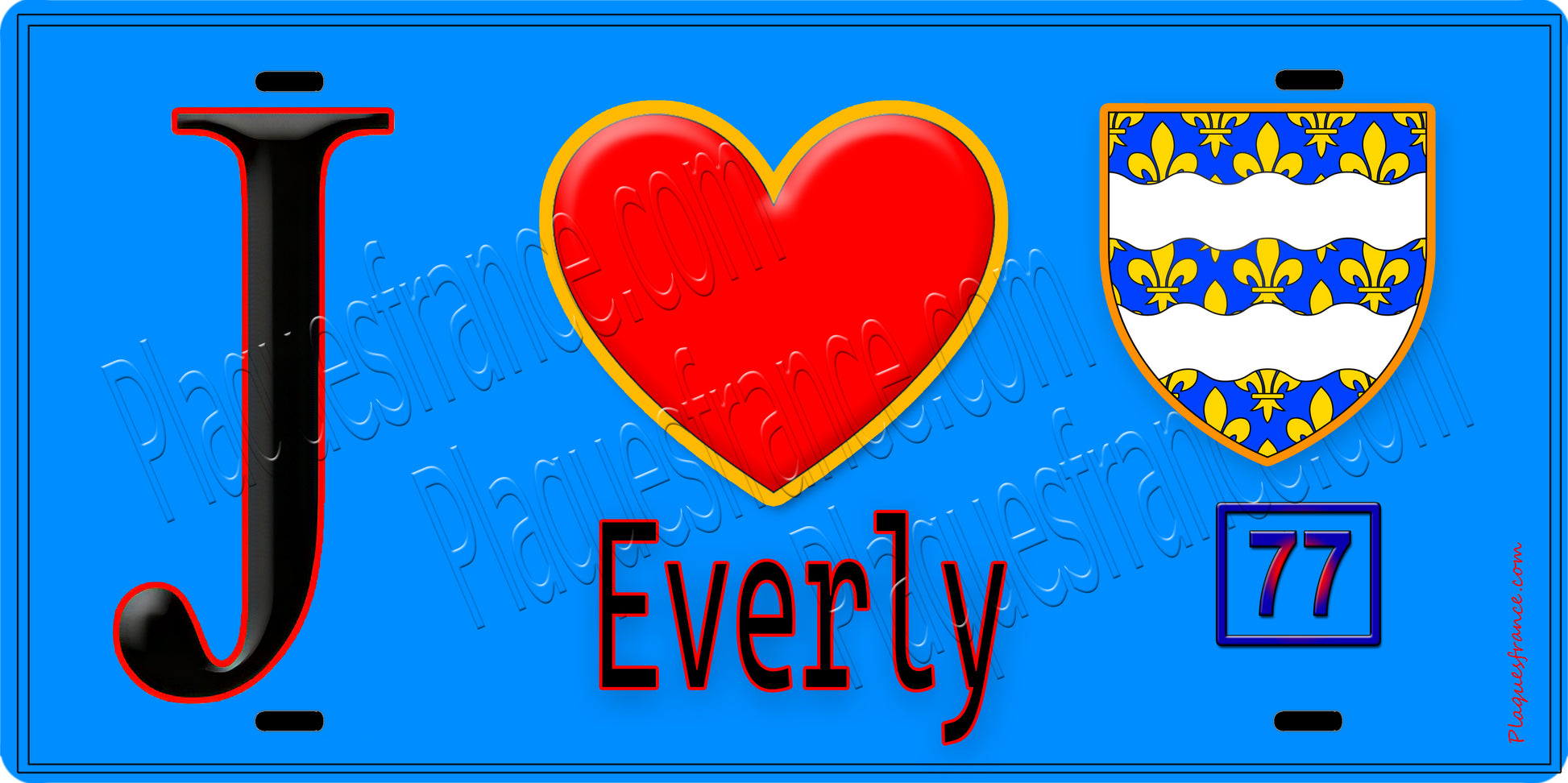 Plaque métal décorative  J' ❤️Everly, Seine et Marne (77) fond bleu