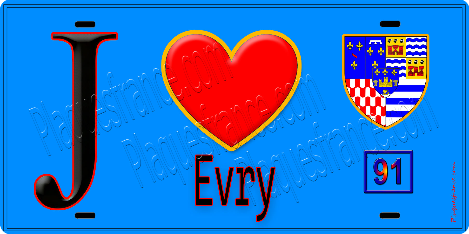 Plaque métal décorative  J' ❤️Evry, Essonne (91) fond bleu