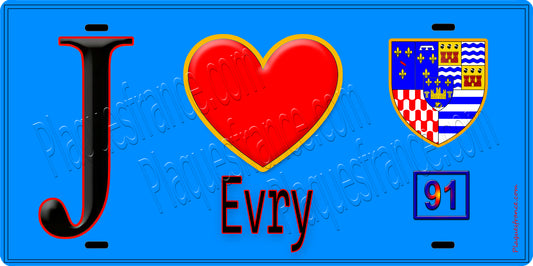 Plaque métal décorative  J' ❤️Evry, Essonne (91) fond bleu