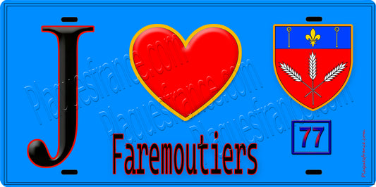 Plaque métal décorative  J' ❤️Faremoutiers, Seine et Marne (77) fond bleu