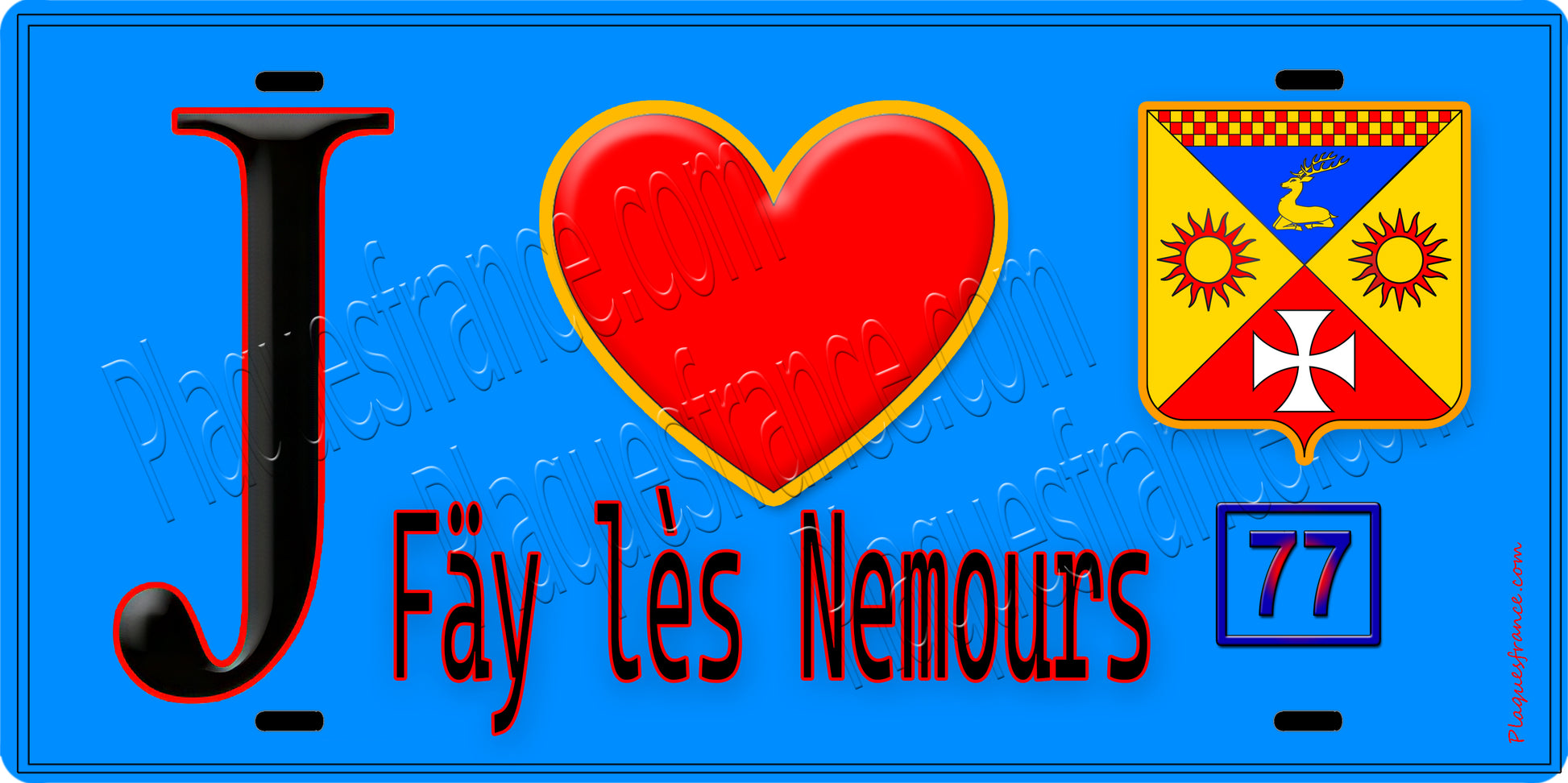 Plaque métal décorative  J' ❤️Faÿ-lès-Nemours, Seine et Marne (77) fond bleu